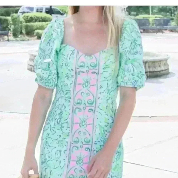 Lilly Pulitzer Daniela Floral Resort Aqua Hopelessly Puff Sleeve Dress S 4 - Picture 10 of 10